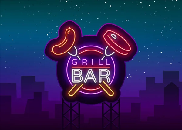 Grill logo em um estilo de néon. Ilustração vetorial sobre o tema da alimentação, carne do mesmo. Sinal de néon, símbolo brilhante, Grill bar, restaurante, snack-bar, sala de jantar. Festa de churrasco. Anúncio de noite brilhante — Vetor de Stock