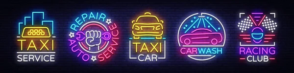 Ställ in logotyper i neon stil transport. Formgivningsmall, Neon skyltar samling, Auto Service, Garage, Racing Club, tvätthall, taxiservice, reparera bil. Natt ljus reklam. Vektorillustration — Stock vektor