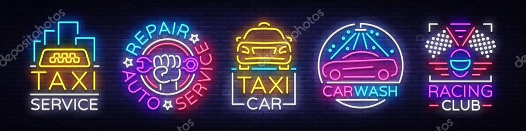 Set logos in neon style Transportation. Design Template, Neon Signs Collection, Auto Service, Garage, Racing Club, Car Wash, Taxi Service, Repair Car. Night light advertising. Vector illustration.