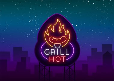 Logo neon tarzı ızgara. Vektör çizimi Tema gıda, et aynı. Neon tabela, parlak sembol, Grill bar, Restoran, snack bar, yemek odası. Barbekü partisi. Gece parlak reklam