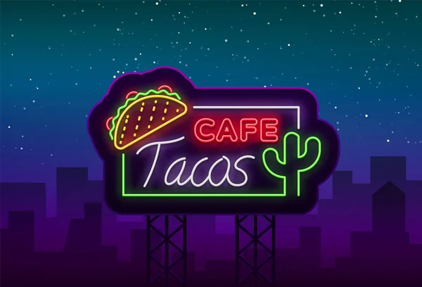 ネオン スタイルのタコスのロゴ。ネオンサイン、シンボル、明るい看板、毎晩メキシコ料理タコスの広告します。メキシコの屋台、ファーストフード。あなたのプロジェクト、レストラン、カフェのベクトル図 — ストックベクタ