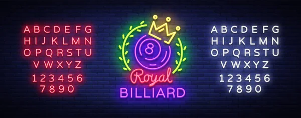 Billar letrero de neón. Logo Royal Billiards en estilo neón, banner ligero, emblema de diseño de billar nocturno, publicidad de vida nocturna brillante, elemento de diseño. Vector. Edición de texto signo de neón — Vector de stock
