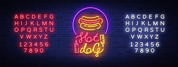 Hot dog logo w neon styl szablon projektu. Hot dog neony, lekkie transparent, neon symbol szybkiej godło, Kuchnia Amerykańska, jasnym nocy reklamy. Ilustracja wektorowa. Edycja tekstu neon znak — Wektor stockowy