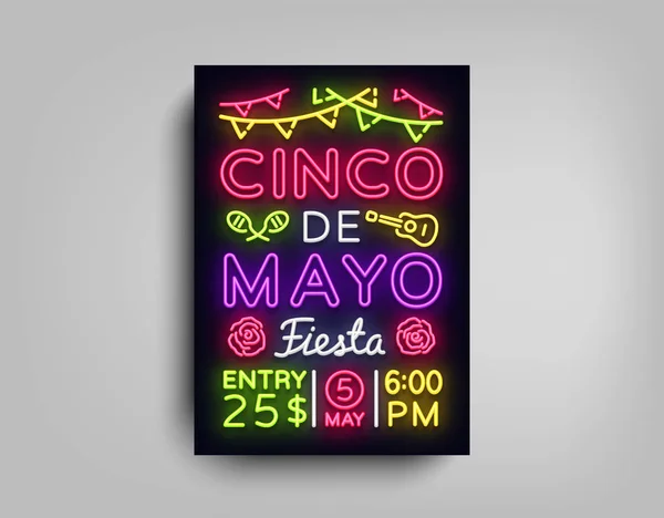 Cinco De Mayo Poster in stile neon. Design Template Flyer invito a celebrare Cinco de Mayo, brochure in stile neon banner light, tipografia Festa messicana. Illustrazione vettoriale — Vettoriale Stock