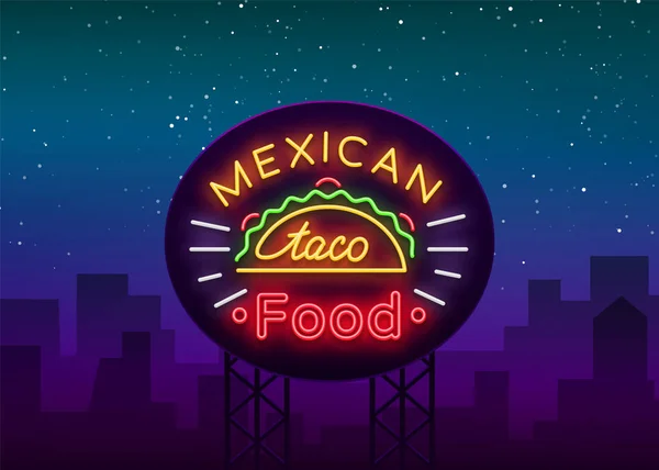 Taco logo vector. Sinal de néon na comida mexicana, tacos, comida de rua, fast food, lanche. Bright neon outdoors, brilhando anúncios noturnos de tacos, comida mexicana, cafés, restaurantes, lanchonetes jantando —  Vetores de Stock