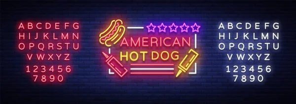 Hot dog-logotypen i neon stil formgivningsmall. Hot dog neonskyltar, ljus banner, neon symbol snabbmat emblem, amerikansk mat, ljusa natten reklam. Vektorillustration. Redigera text neonskylt — Stock vektor