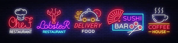 Alimento colección de vectores de neón signo. Conjunto de logotipos de neón, emblemas, símbolos, restaurante jefe, restaurante de langosta, entrega de alimentos, Sushi Bar, cafetería. Plantillas de diseño, Neon Billboard — Vector de stock