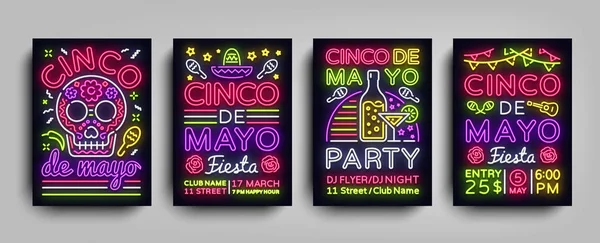 Cinco de Mayo Collection poster dengan gaya neon. Set Design Templates Flyers invitation for Sinco de Mayo Celebration, Brochure Neon, Light Banner, Typography Mexican Fiesta Party. Ilustrasi vektor - Stok Vektor