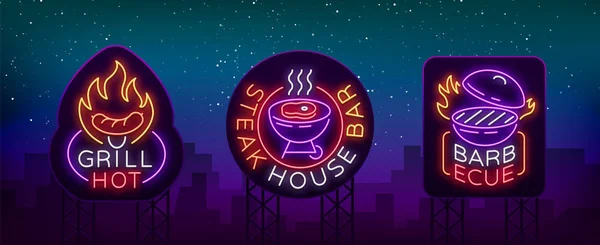 Grill áll a neon-szerű logók. Vektoros illusztráció, a téma az élelmiszer, hús, azonos. Gyűjteménye fényreklámok, Grill bár, étterem, büfé, étkezde. Grillező, Steak House — Stock Vector