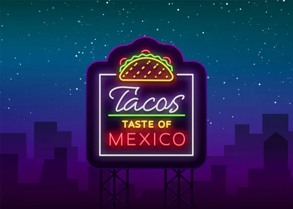 タコスのロゴのベクトル。ネオンサイン メキシコ料理のタコス、ストリート食品、ファーストフード、スナック。タコス、メキシコ料理、カフェ、レストラン、スナック ・ バー ダイニング ダイニングの夜間広告の輝く明るいネオン看板 — ストックベクタ