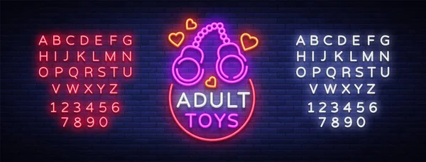 Zabawki dla dorosłych logo w stylu neon. Zaprojektuj szablon, sex shop neony, jasny transparent na temat przemysłu seksualnego, żywe neonowe reklamy dla Twoich projektów. Ilustracja wektorowa. Edycja tekstu neon znak — Wektor stockowy