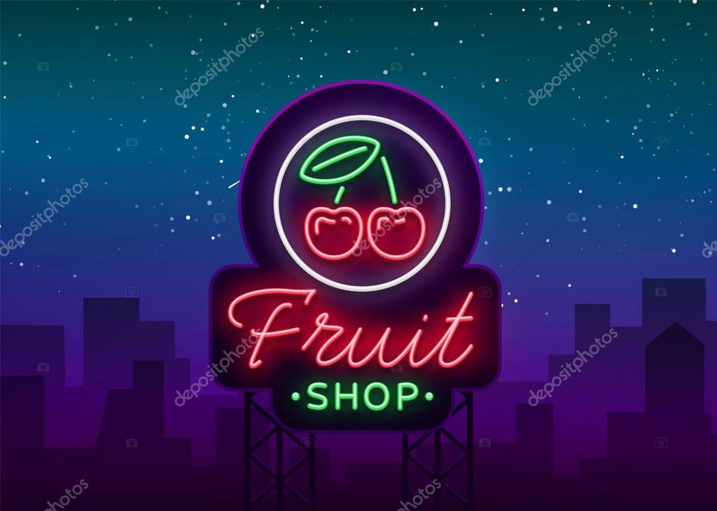 Fruit shop logo vector. Neon sign, bright nightlife advertising for fruit sales for your projects. Fruit Shop Billboard. Vegetarian food, Organic food. Vector illustration.