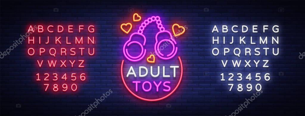 Adult toys logo in neon style. Design template, sex shop neon signs, light banner on the theme of the sex industry, vivid neon ad for your projects. Vector illustration. Editing text neon sign.
