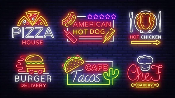 Gıda neon ışığı vektör koleksiyonu. Neon logolar, amblemler, semboller, Pizza House, American Hot Dog, Hot Chicken, Burger Delivery, Chef Bekery, Tacos cafe. Neon Billboard şablonları tasarla