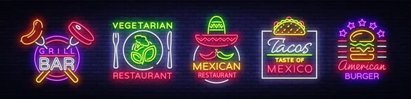 Simbol neon terang untuk makanan. Collection Design Elements, Neon Signs for Food, Grill Bar, Vegetarian Food, Mexican Restaurant, Tacos, American Burger, Vector Illustration - Stok Vektor