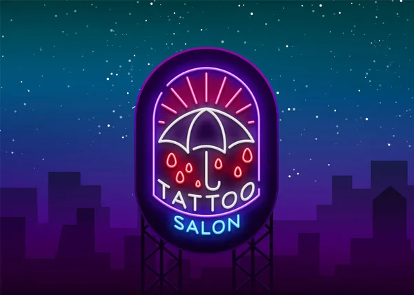 Tattoo salon logo met een neon-stijl. Lichtreclame, embleem, symbool van de paraplu, lichte billboards, nacht stralend banner, neon helder reclame op een thema tatoeage voor tattoo salon, studio. Vectorillustratie — Stockvector