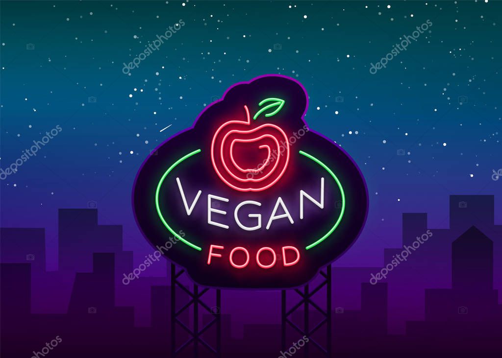 Vegan logo Neon sign, vegan symbol, bright luminous sign, neon night advertising on the theme Vegetarian food, healthy organical food, vegetables, fruits. Vector illustration.