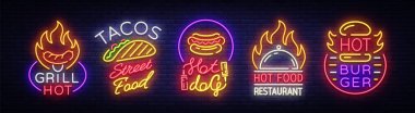 Fast Food logolar ayarlayın. Koleksiyon neon işaretleri, sokak gıda sıcak Grill, Tacos, sosisli sandviç, hamburger kafe, Restoran. Tasarım öğeleri için gıda, neon afiş, parlak neon reklam. Vektör çizim