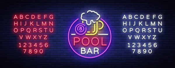 Zwembad bar logo in neon stijl. Lichtreclame ontwerpsjabloon voor Billiard bar, club, bier en biljart lichte banner, nacht neon reclame, ontwerpelement. Vectorillustratie. Bewerken tekst lichtreclame — Stockvector