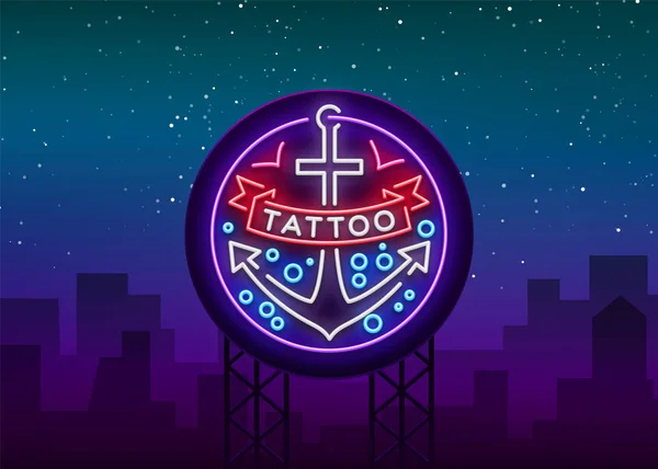 Logo salon Tato dengan gaya neon. Tanda neon, lambang, jangkar simbol dengan pita, papan iklan bercahaya, iklan neon pada tema tato, untuk salon tato, studio. Ilustrasi vektor - Stok Vektor