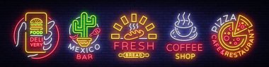 Fast Food logolar ayarlayın. Koleksiyon neon imzalar, sokak gıda, gıda dağıtım, Meksika Bar, taze ekmek, Kahve Dükkanı, Pizza Cafe Restaurant. Gıda, neon afiş için tasarım öğeleri. Vektör çizim