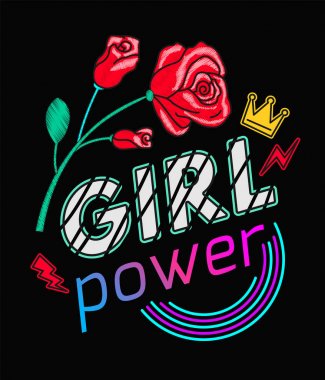 Kızlar sloganı baskı nakış T-shirt güç. Feminist sloganı, Rock yazdırma. Güllü şık sloganı. Kız çete yamalar, tee grafik tasarım T-shirt cihazlar rozetleri yazdırın. Vektör çizim