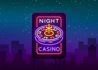 Gece casino logo neon tarzı. Rulet Neon tabela, parlak ışıklı afiş, gece billboard, casinolar, oyun makineleri ve projeleriniz için kumar parlak reklam. Vektör çizim