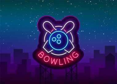 Bowling bir neon işarettir. Amblem, Neon stil logosu, parlak reklam afişi, gece parlak ışıklı billboard, tasarım şablonu Bovling kulüp için Bowling turnuvaları sembolü. Vektör çizim