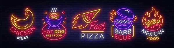 Jasny neon symbole dla żywności. Kolekcja elementów projektu, neony na żywność, mięso z kurczaka, Hot Dog Fast Food, Fast Pizza, Grill, gorące meksykańskie Food.Vector ilustracji — Wektor stockowy