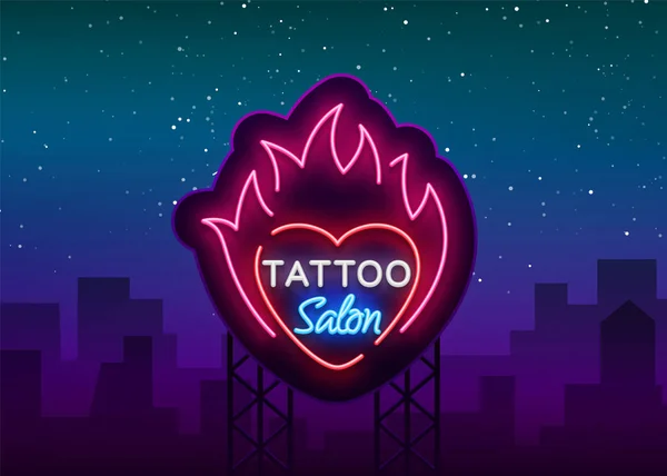 Tattoo salon logo vektor. Neonový nápis, symbol srdce v ohni, jasný světelný billboard, noční banner, neon jasně reklama na motiv tetování, tattoo salon, studio — Stockový vektor