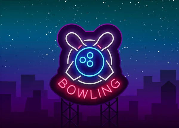 Teke a neon-jel. Szimbólum jelkép, Neon style logo, világító reklám banner, éjszakai fényes fényes billboard tervezősablon a Bowling Club, Bowling versenyek. Vektoros illusztráció — Stock Vector