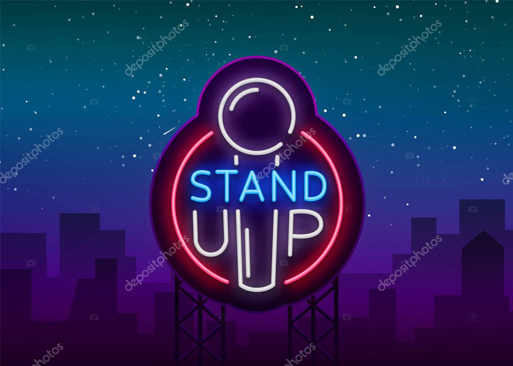 Stand Up Logo in Neon Style. Comedy show is neon sign, symbol, an invitation to a comedy performance, bright banner, neon poster, nightlit advertising for your projects. Vector illustration.