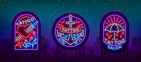 Tattoo salon set logo's in neon stijl. Collectie neonreclames, emblemen, symbolen, gloeiende billboard, neon reclame helder op het thema van tatoeages, voor tattoo salon, studio. Vectorillustratie — Stockvector