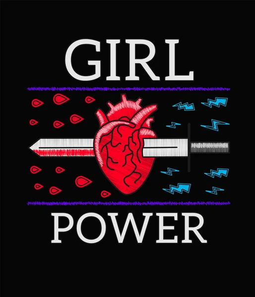 Girl Power - Slogan feminisme, Rock mencetak bordir untuk T-shirt, fashion patch atau lencana. Pembelian untuk geng gadis rock. Pedang menusuk jantung. Pin atau patch dalam gaya punk vintage. Vektor - Stok Vektor