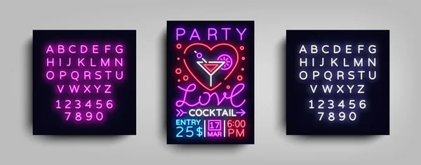 Koktél party reklámplakát vektor. Szerelem, koktél party, poszter neon, neonreklám, könnyű banner, világos meghívás, éjszakai brosúra, tipográfia, képeslap Valentin-nap. Szerkesztése szöveg Neonfény — Stock Vector