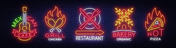 Yemek için parlak neon sembolleri. Toplama tasarım öğeleri, gıda, Meksika Cafe, Neon işaretlere ızgara tavuk, Restoran, ekmek organik, sıcak Pizza.Vector illüstrasyon — Stok Vektör