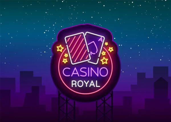 Casino Royal neonskylt. Neon logotyp, emblem hasardspel, ljusa banner, neon casino reklam för dina projekt. Natt ljus billboard, designelement. Vektorillustration — Stock vektor