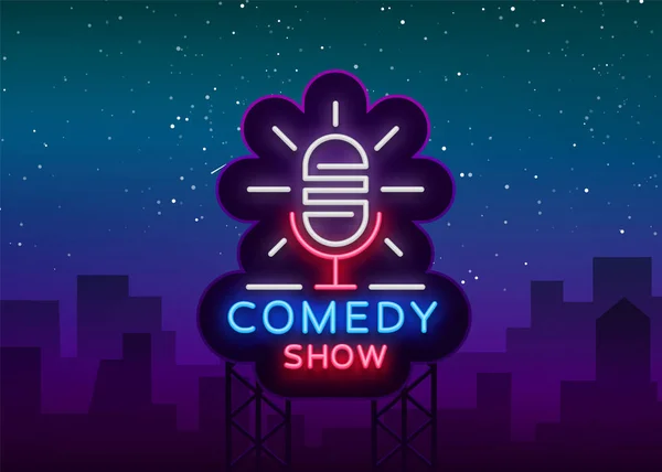 Komedi Stand Up Show bir neon tabela davettir. Logo, amblem parlak el ilanı, ışık poster, neon afiş, parlak gece reklam reklam, kartı, kartpostal. Vektör çizim — Stok Vektör
