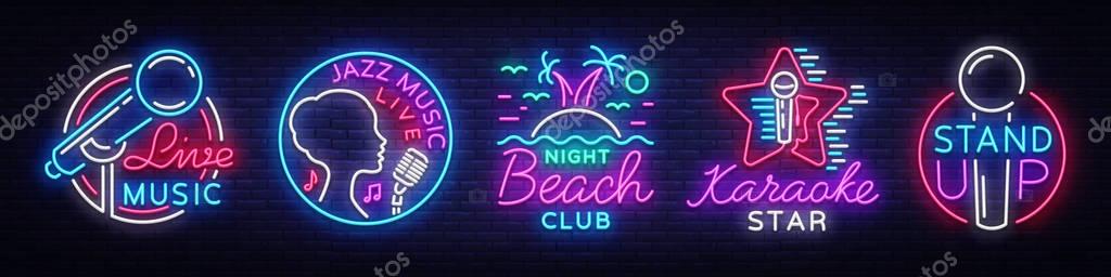 Set neon signs symbols. Live Music, Jazz Music, Nightclub Beach, Karaoke, Stand up logos and emblems. Bright Symbols, Light Banner, Night Bright Advertising, Nightlife. Vector illustration