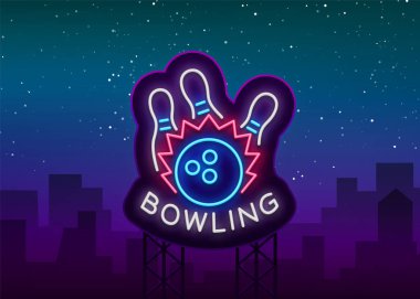 Bowling logo vektör. Neon işaret, sembol, parlak afiş reklam parlak gece Bovling, parlak neon billboard. Bovling kulüp logosu için bir şablon tasarlayın. Vektör çizim