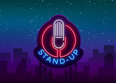 Logo Neon tarzı ayağa kalk. Komedi show neon işaret, sembol, bir komedi performansı, parlak afiş, neon poster, projeleriniz için reklam nightlit bir davet var. Vektör çizim