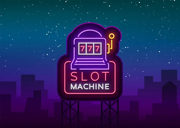 Logo de la machine à sous dans le style néon. Panneau au néon, bannière lumineuse lumineuse, panneau d'affichage nocturne, publicité nocturne lumineuse des casinos, des machines de jeu et des jeux d'argent pour vos projets. Illustration vectorielle — Image vectorielle