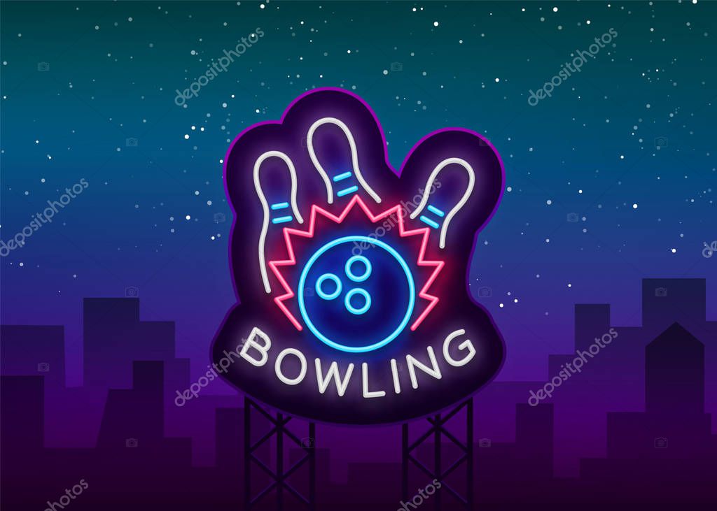 Bowling logo vector. Neon sign, symbol, bright banner advertising bright night bowling, luminous neon billboard. Design a template for the Bowling Club logo. Vector illustration.