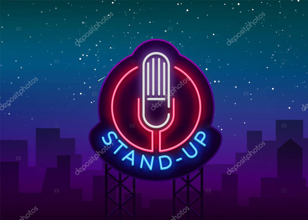 Stand Up Logo in Neon Style. Comedy show is neon sign, symbol, an invitation to a comedy performance, bright banner, neon poster, nightlit advertising for your projects. Vector illustration.
