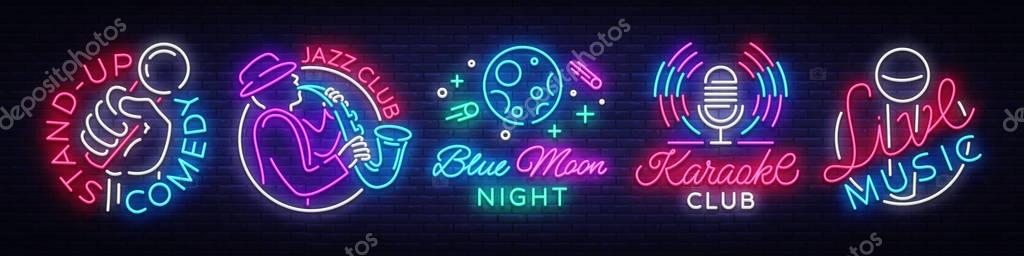 Set neon signs symbols. Live Music, Jazz Music, Blue Moon Night Club, Karaoke, Stand up logos and emblems. Bright Symbols, Light Banner, Night Bright Advertising, Nightlife. Vector illustration.