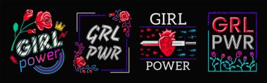 Kızlar, koleksiyon sloganlar baskı nakış T-shirt güçtür. Feminist sloganı, Rock yazdırma. Güllü şık sloganı. Kız çete yamalar, tee grafik tasarım T-shirt cihazlar rozetleri yazdırın. Vektör
