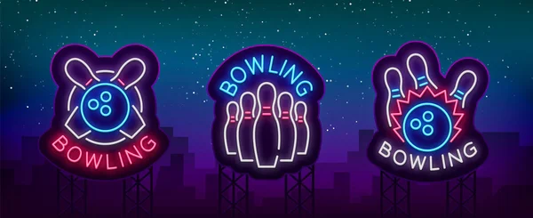 Bowling a fényreklámok gyűjteménye. Gyűjteménye szimbólumok jelkép, Neon Logo, könnyű reklám Banner, éjszakai világítás Billboard, tervezési minta, a Bowling klub, versenyek. Vektoros illusztráció — Stock Vector