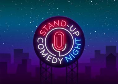 Stand Up komedi Show bir neon işarettir. Neon logo, sembol, parlak ışıklı afiş, neon tarzı poster, parlak gece reklam. Gösterisini hazır. Komedi göstermek için davet. Vektör