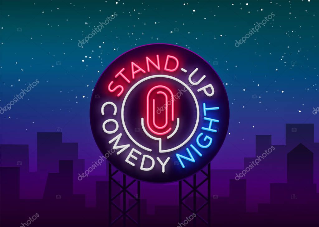 Stand Up Comedy Show is a neon sign. Neon logo, symbol, bright luminous banner, neon-style poster, bright night-time advertisement. Stand up show. Invitation to the Comedy Show. Vector.
