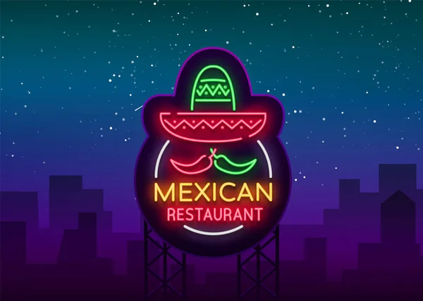 Мексиканский ресторан неоновая вывеска. Яркий светящийся знак, неоновый баннер, яркий логотип, символ, ночная реклама мексиканской еды. Разработайте шаблон для ваших проектов. Векторная иллюстрация — стоковый вектор
